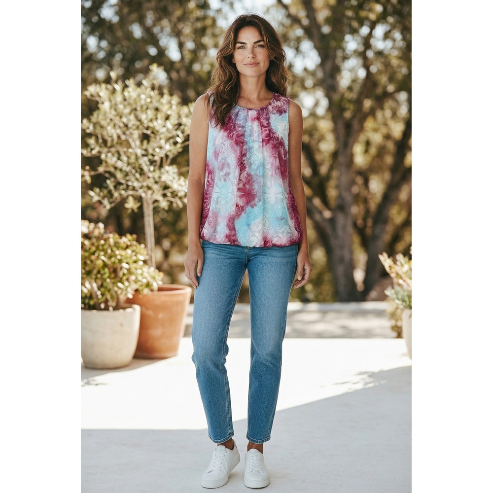 Studio Y Womens Pink Blue Tie Dye Damask Burnout Lace Bubble Hem Tank Top Medium